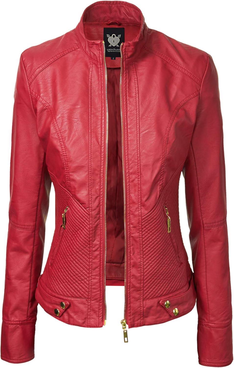 imageLock and Love Womens Faux Leather Moto Biker Jacket Coat with Removable or NonRemovable HoodWjc747ared