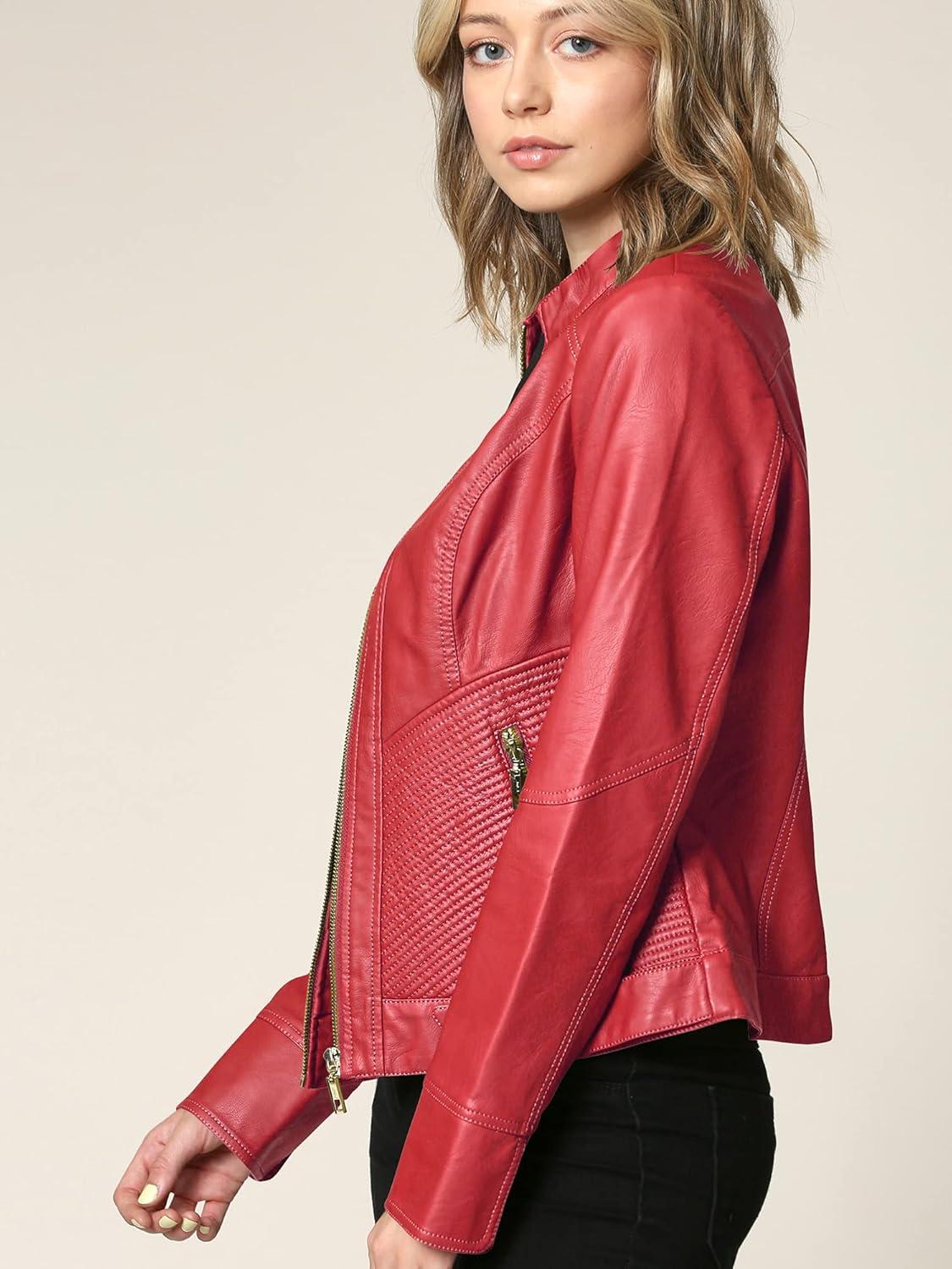 imageLock and Love Womens Faux Leather Moto Biker Jacket Coat with Removable or NonRemovable HoodWjc747ared
