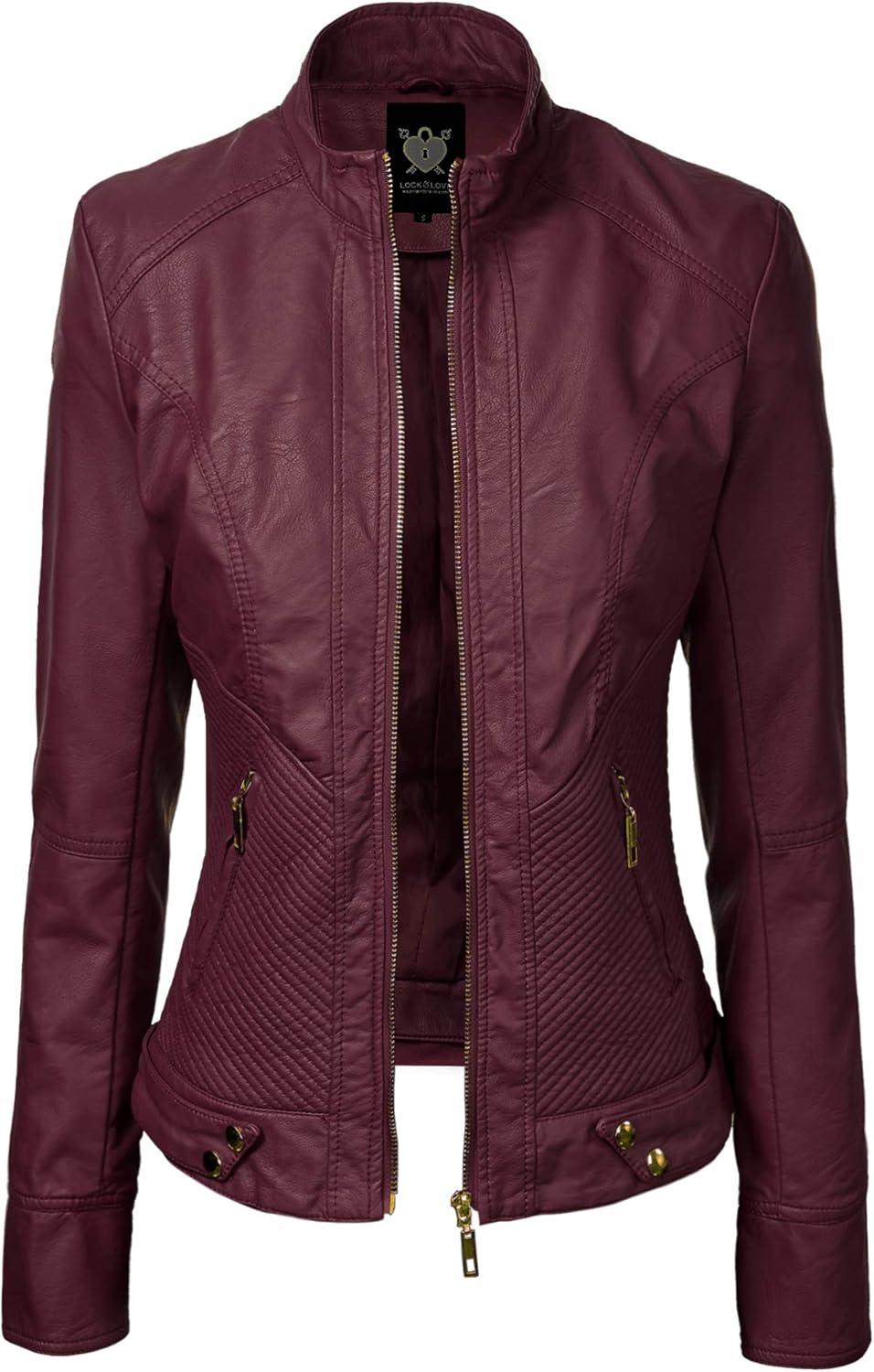 imageLock and Love Womens Faux Leather Moto Biker Jacket Coat with Removable or NonRemovable HoodWjc747awine