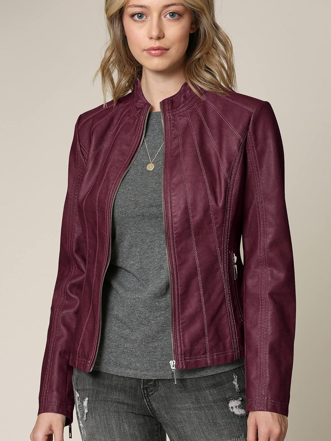 imageLock and Love Womens Faux Leather Moto Biker Jacket Coat with Removable or NonRemovable HoodWjc877lwine