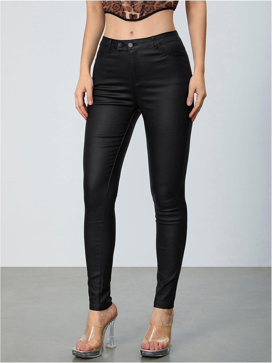 imageMakeMeChic Womens Faux Leather Stretch Skinny Pants High Waisted Double Button Leggings Club Party PantsBlack