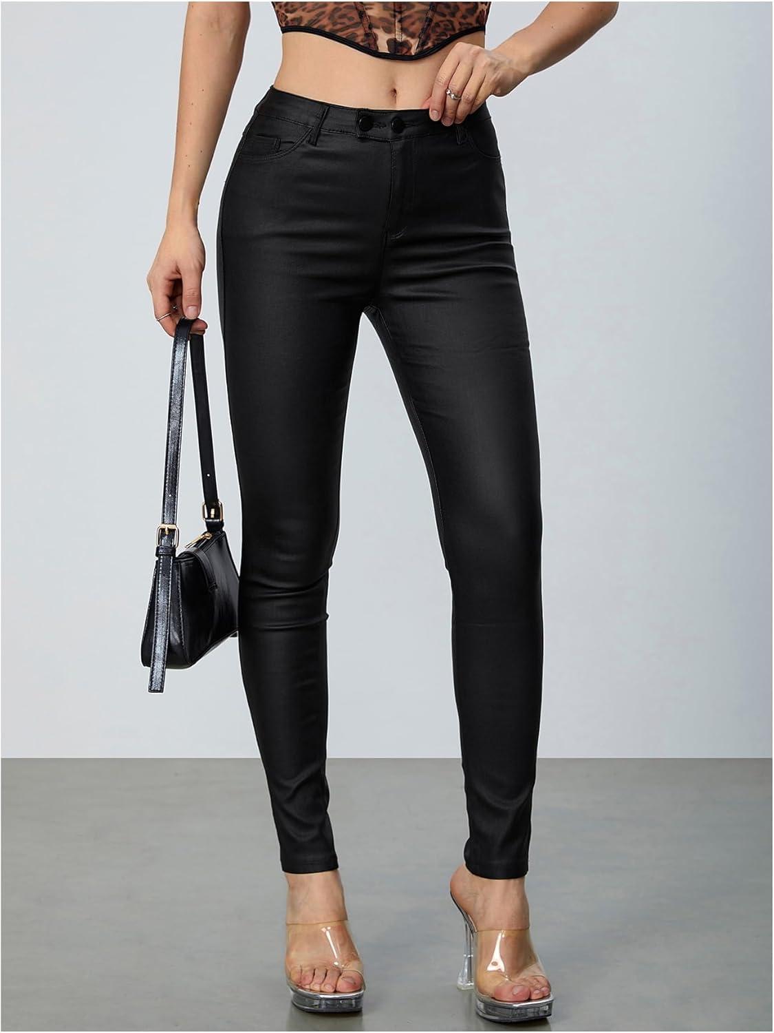 imageMakeMeChic Womens Faux Leather Stretch Skinny Pants High Waisted Double Button Leggings Club Party PantsBlack