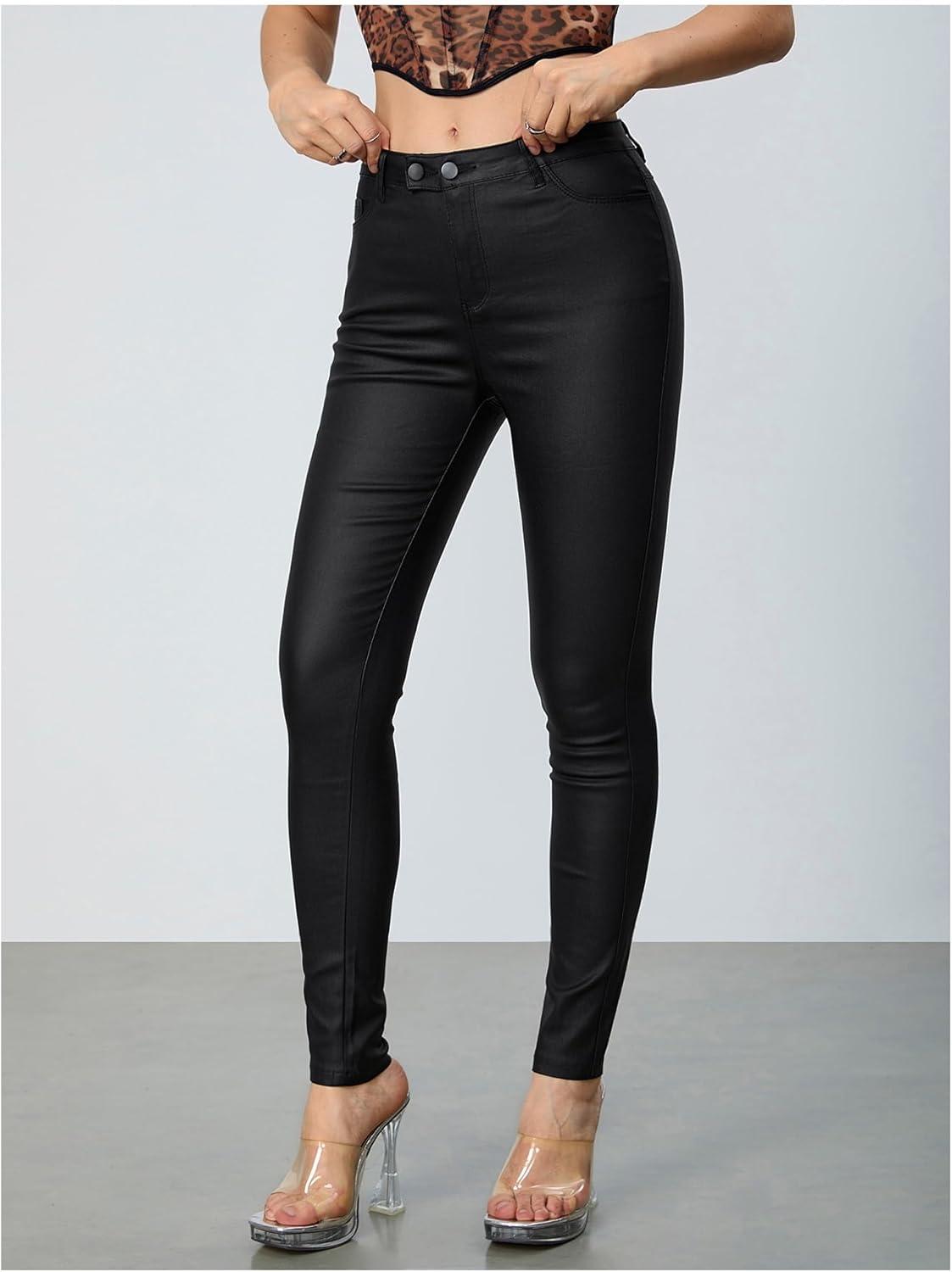 imageMakeMeChic Womens Faux Leather Stretch Skinny Pants High Waisted Double Button Leggings Club Party PantsBlack