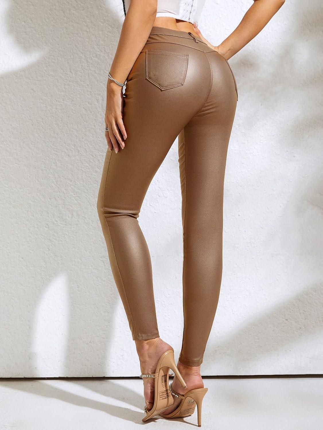 imageMakeMeChic Womens Faux Leather Stretch Skinny Pants High Waisted Double Button Leggings Club Party PantsBrown