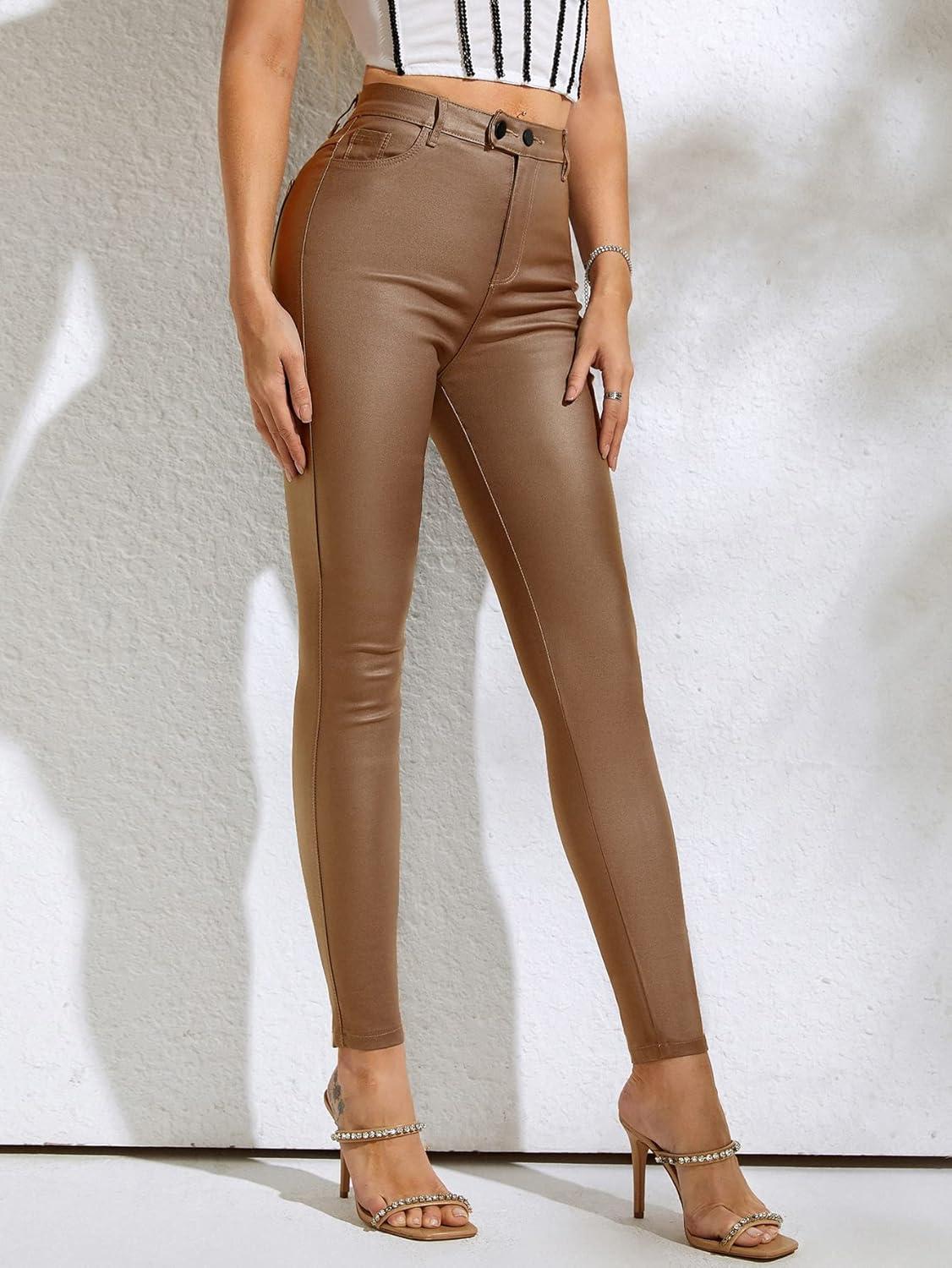 imageMakeMeChic Womens Faux Leather Stretch Skinny Pants High Waisted Double Button Leggings Club Party PantsBrown