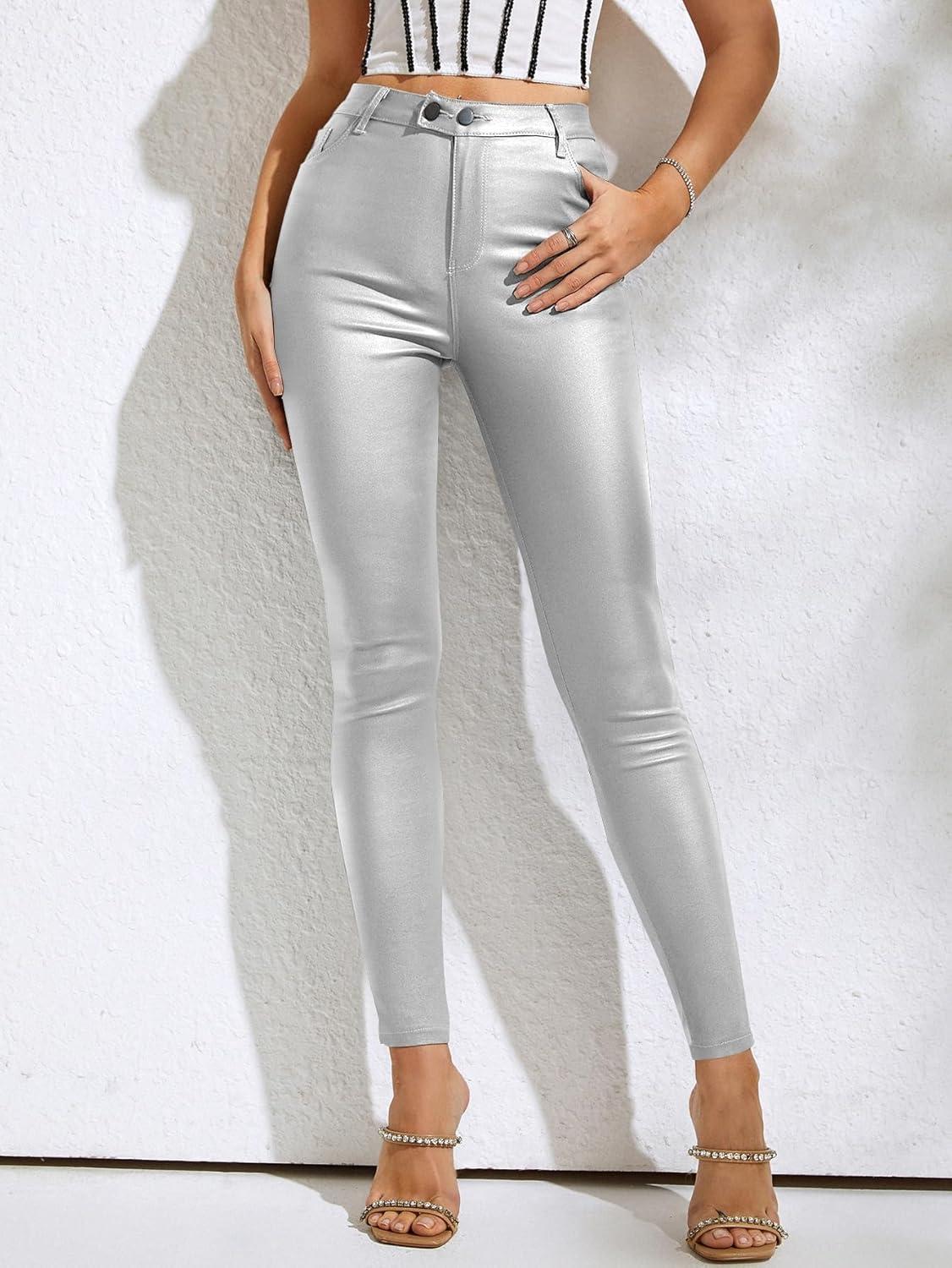imageMakeMeChic Womens Faux Leather Stretch Skinny Pants High Waisted Double Button Leggings Club Party PantsSilver