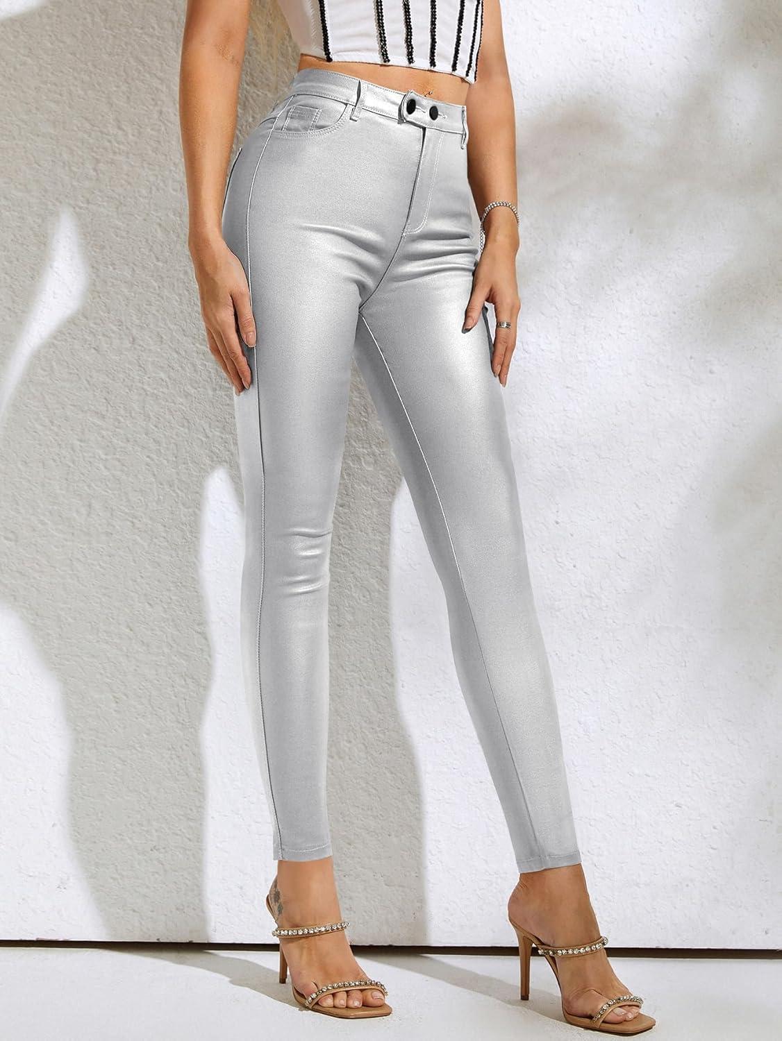 imageMakeMeChic Womens Faux Leather Stretch Skinny Pants High Waisted Double Button Leggings Club Party PantsSilver