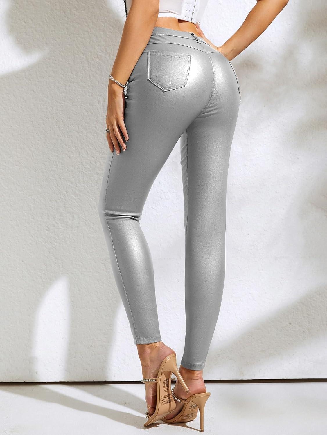 imageMakeMeChic Womens Faux Leather Stretch Skinny Pants High Waisted Double Button Leggings Club Party PantsSilver