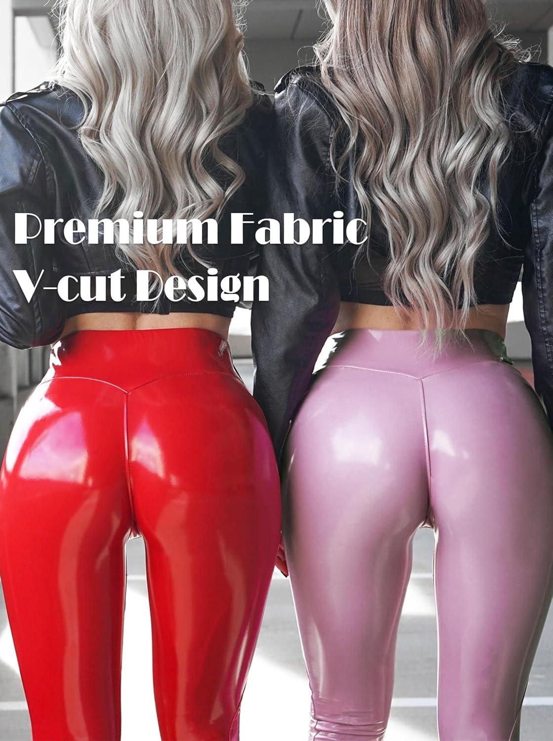 imagePatent Faux Leather Leggings for Women High Waisted Butt Lifting Lacquer Pleather Latex Shiny Pants Concert OutfitsCrystal Pink