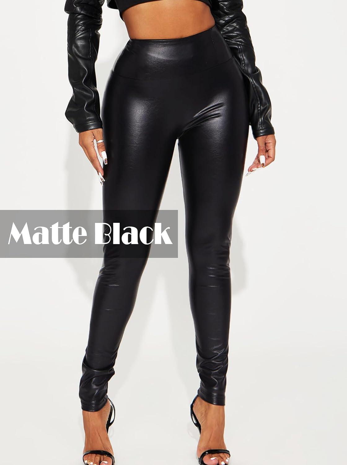 imagePatent Faux Leather Leggings for Women High Waisted Butt Lifting Lacquer Pleather Latex Shiny Pants Concert OutfitsMatt Black
