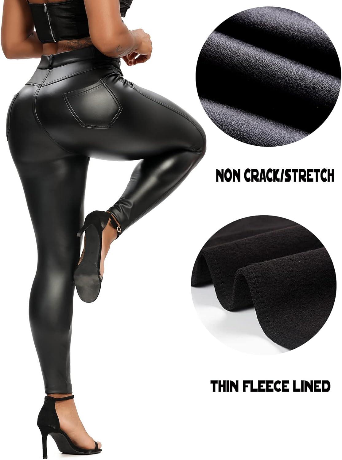 imageSEASUM Womens Faux Leather Leggings Pants PU Elastic Shaping Hip Push Up Black Sexy Stretchy High Waisted Tights1 Ybackpocket Black