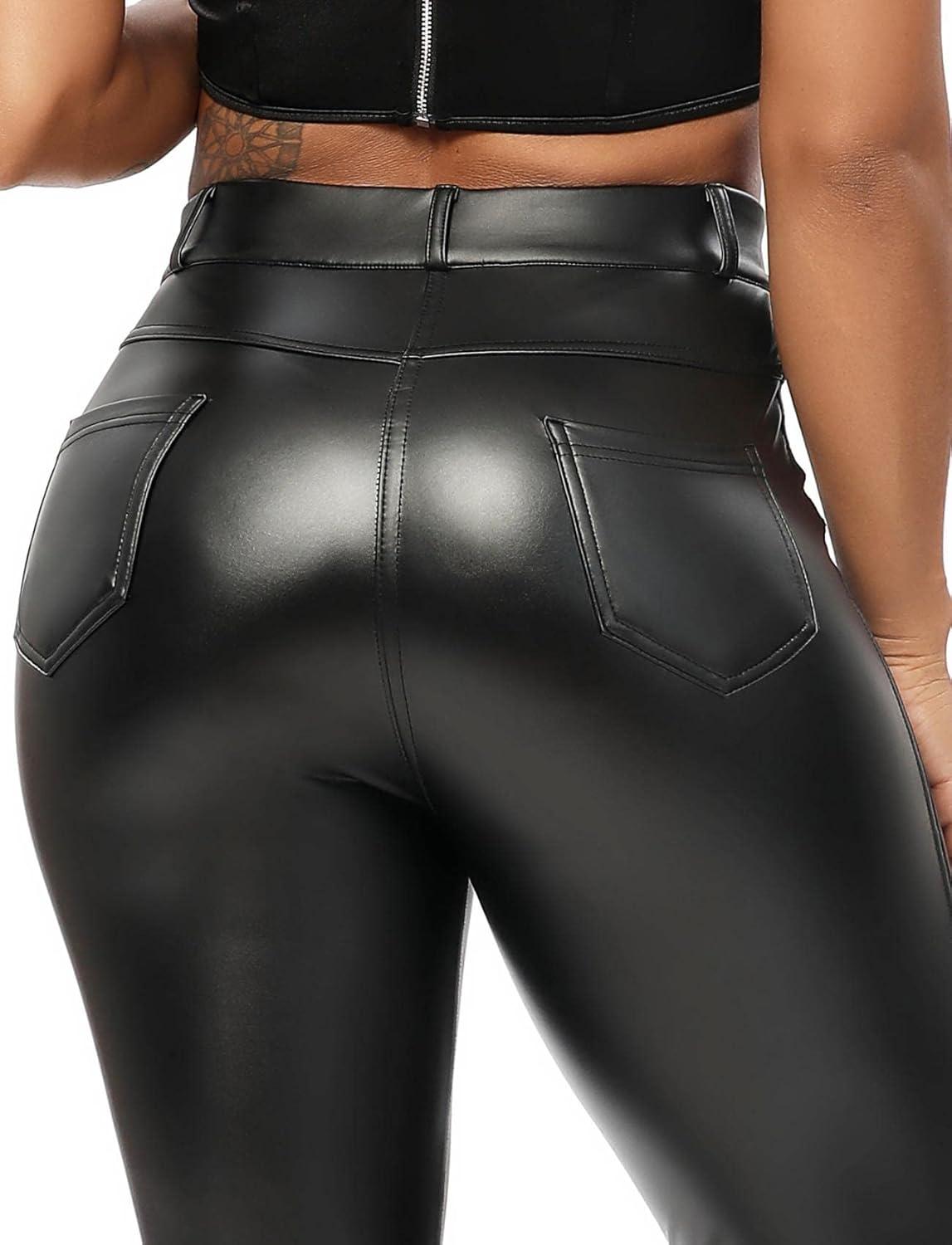 imageSEASUM Womens Faux Leather Leggings Pants PU Elastic Shaping Hip Push Up Black Sexy Stretchy High Waisted Tights1 Ybackpocket Black