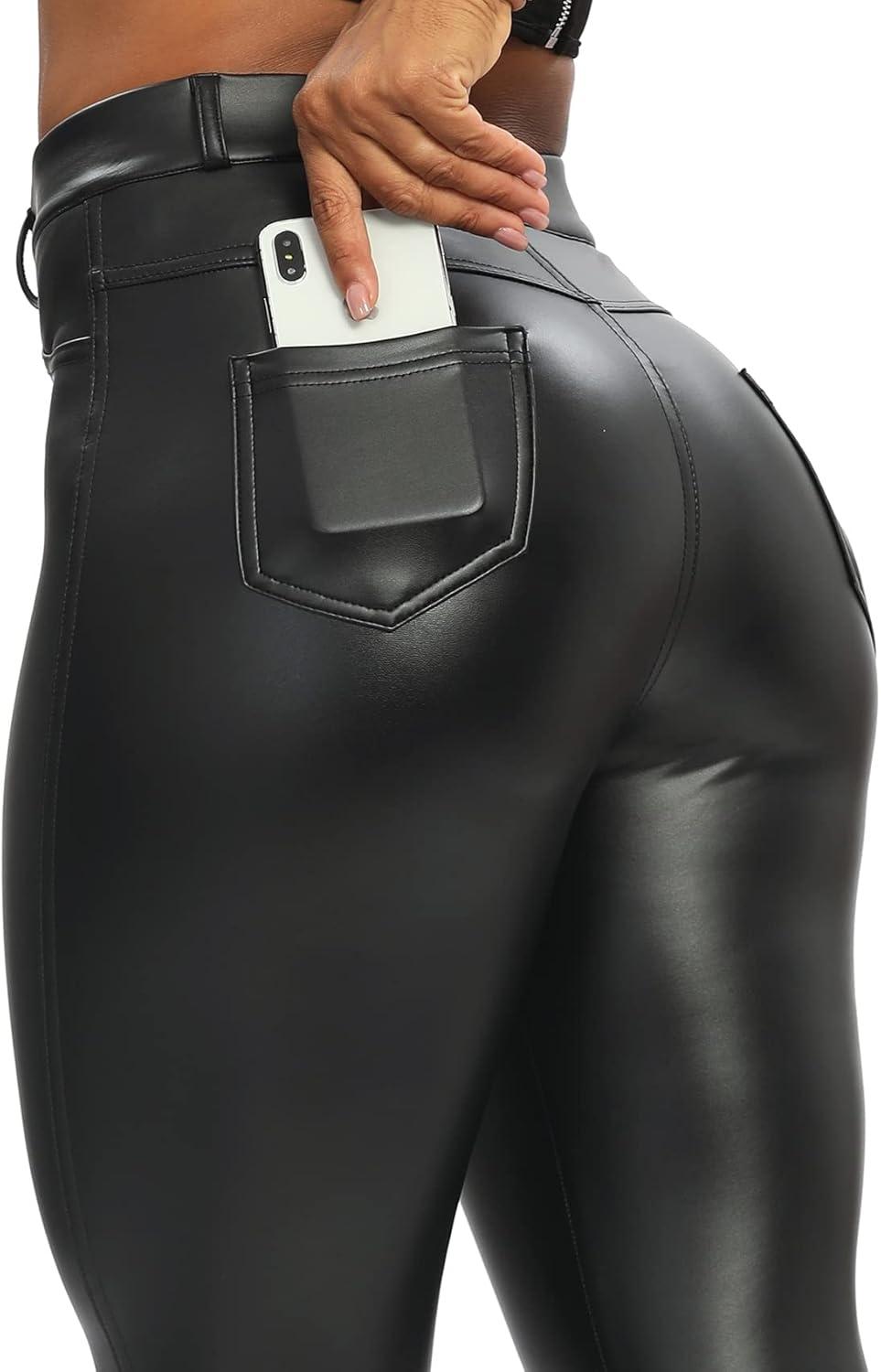 imageSEASUM Womens Faux Leather Leggings Pants PU Elastic Shaping Hip Push Up Black Sexy Stretchy High Waisted Tights1 Ybackpocket Black