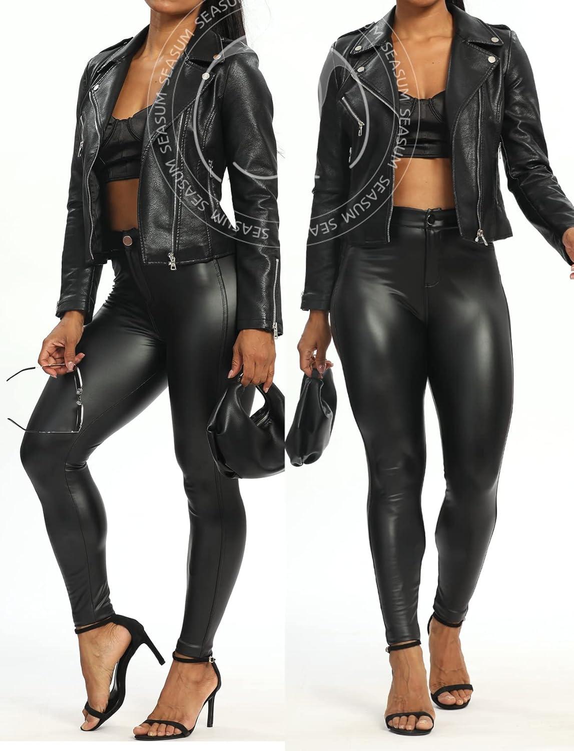 imageSEASUM Womens Faux Leather Leggings Pants PU Elastic Shaping Hip Push Up Black Sexy Stretchy High Waisted Tights1 Ybackpocket Black