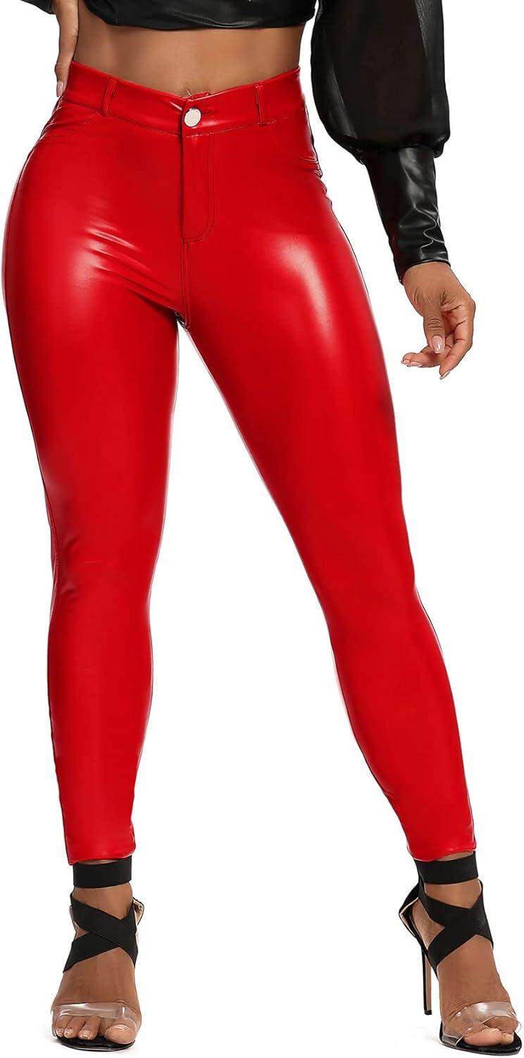 imageSEASUM Womens Faux Leather Leggings Pants PU Elastic Shaping Hip Push Up Black Sexy Stretchy High Waisted Tights1 Ybackpocket Red