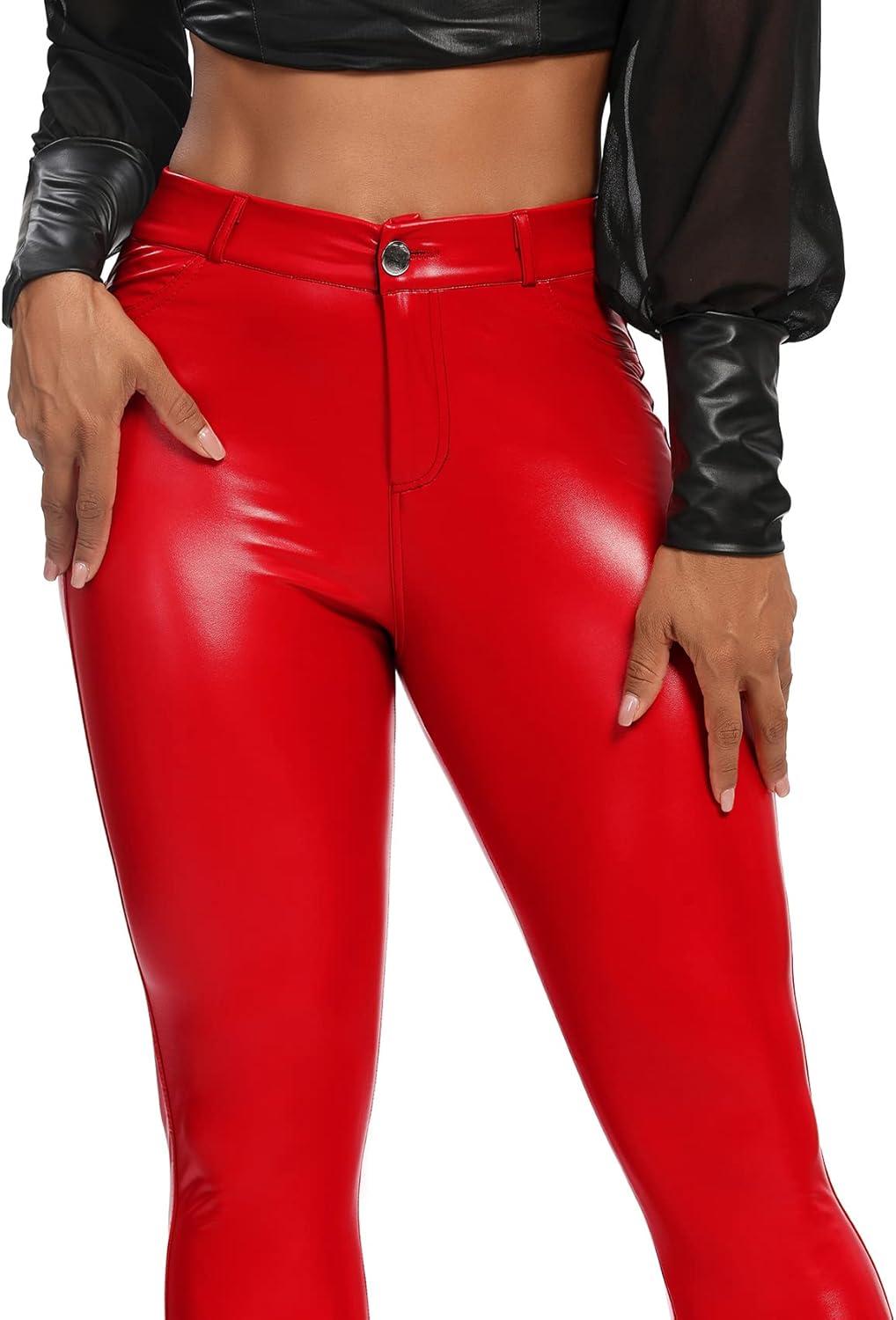 imageSEASUM Womens Faux Leather Leggings Pants PU Elastic Shaping Hip Push Up Black Sexy Stretchy High Waisted Tights1 Ybackpocket Red
