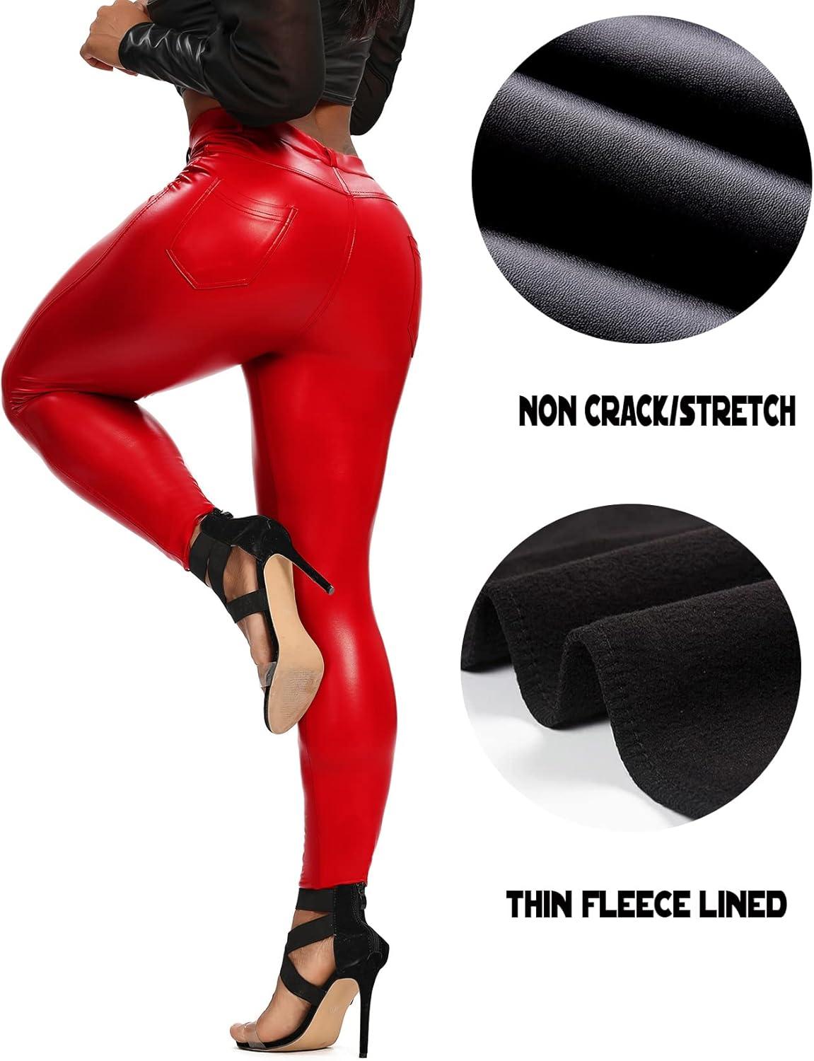 imageSEASUM Womens Faux Leather Leggings Pants PU Elastic Shaping Hip Push Up Black Sexy Stretchy High Waisted Tights1 Ybackpocket Red