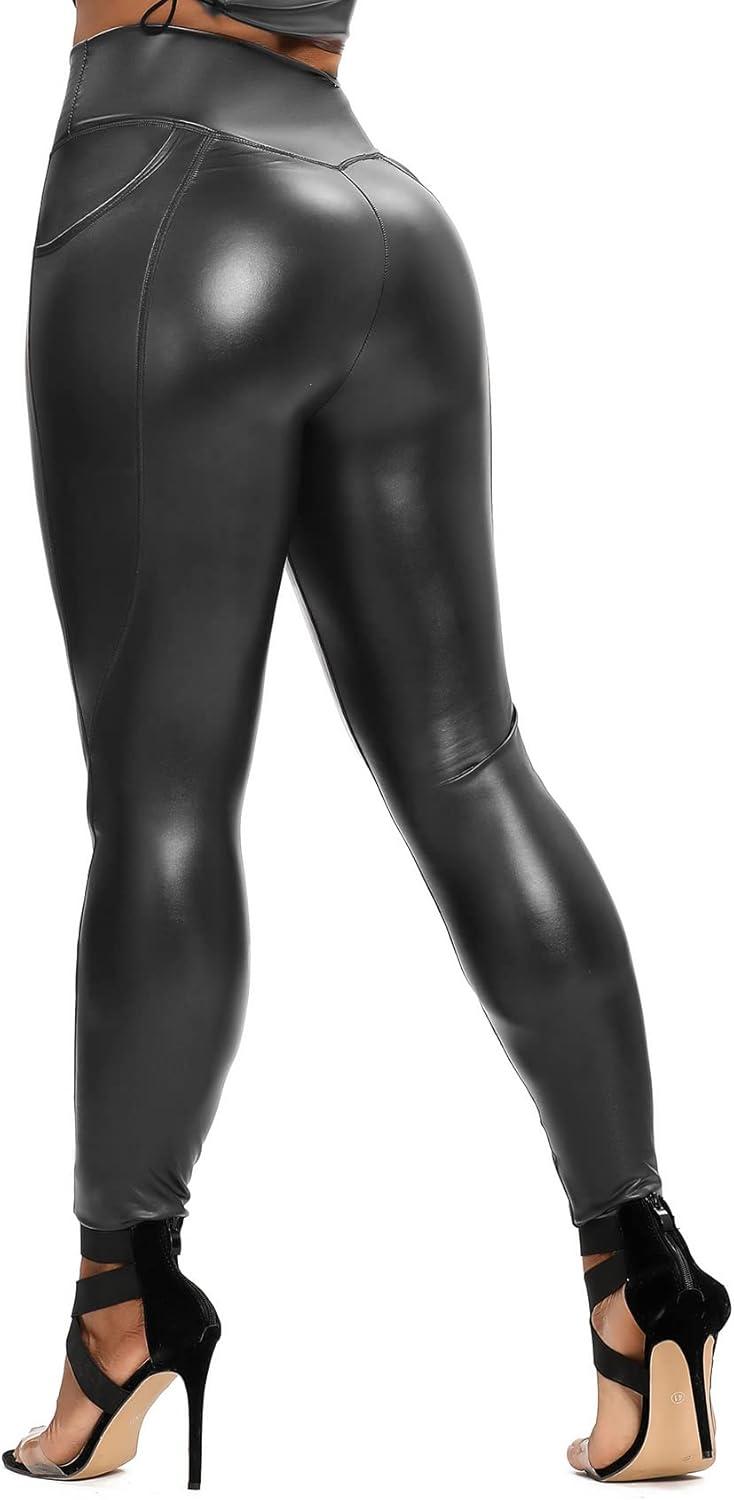 imageSEASUM Womens Faux Leather Leggings Pants PU Elastic Shaping Hip Push Up Black Sexy Stretchy High Waisted Tights2 Side Pocket Black