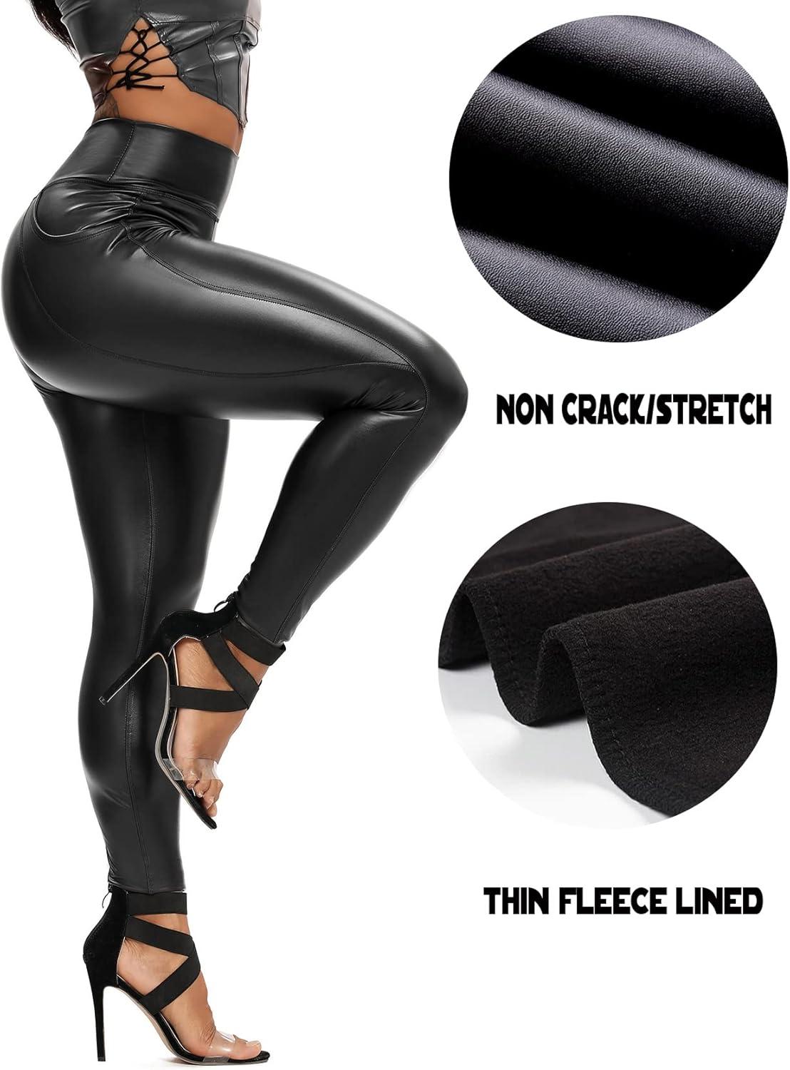 imageSEASUM Womens Faux Leather Leggings Pants PU Elastic Shaping Hip Push Up Black Sexy Stretchy High Waisted Tights2 Side Pocket Black