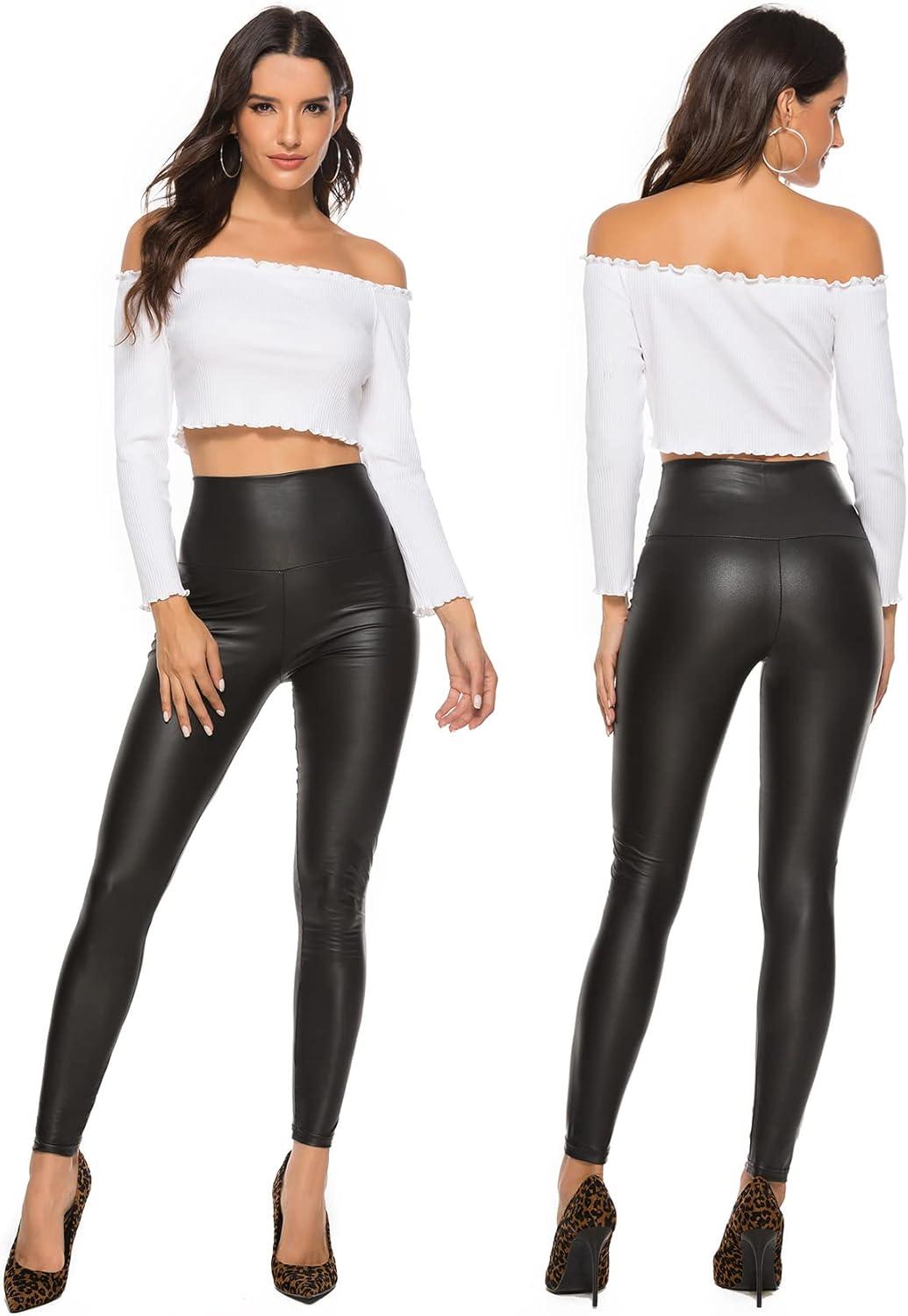 imageSEASUM Womens Faux Leather Leggings Pants PU Elastic Shaping Hip Push Up Black Sexy Stretchy High Waisted Tights3 Classic Blackno Fleece