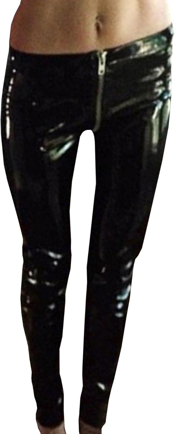 imageSEMATOMALA Womens Latex Zipper Crotch Leggings Sexy PVC Faux Leather Shiny Wet Look Black Red Tight Lingerie PantsBlack