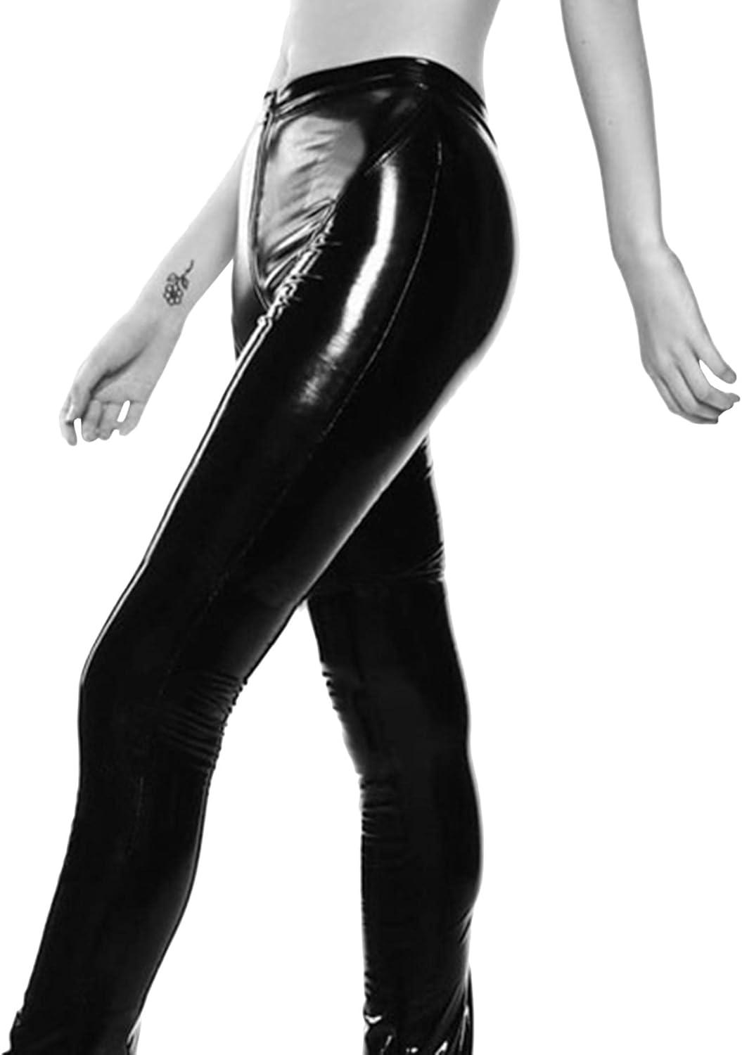 imageSEMATOMALA Womens Latex Zipper Crotch Leggings Sexy PVC Faux Leather Shiny Wet Look Black Red Tight Lingerie PantsBlack