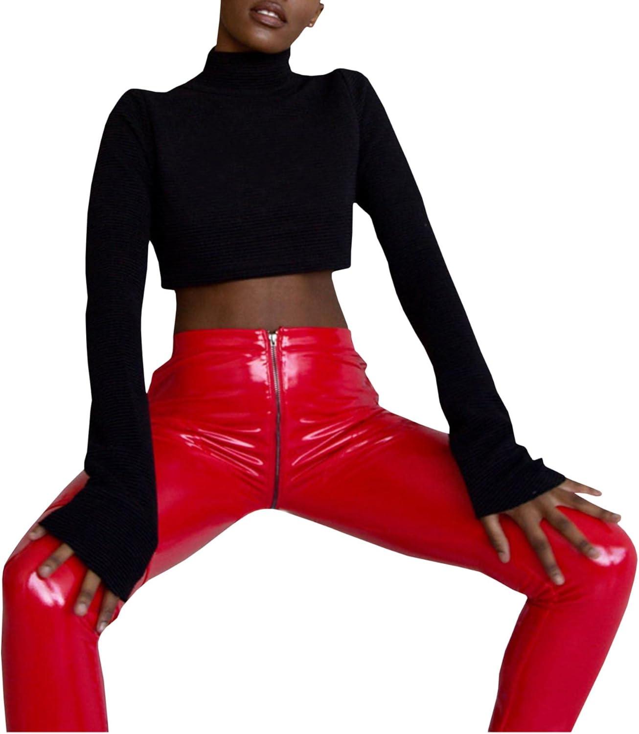 imageSEMATOMALA Womens Latex Zipper Crotch Leggings Sexy PVC Faux Leather Shiny Wet Look Black Red Tight Lingerie PantsRed