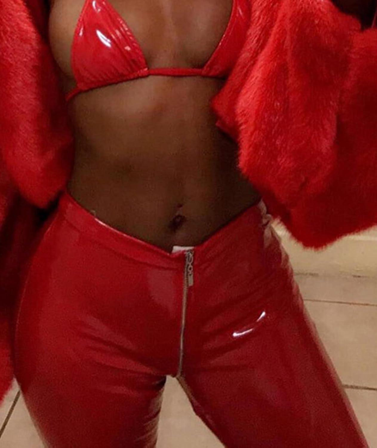 imageSEMATOMALA Womens Latex Zipper Crotch Leggings Sexy PVC Faux Leather Shiny Wet Look Black Red Tight Lingerie PantsRed