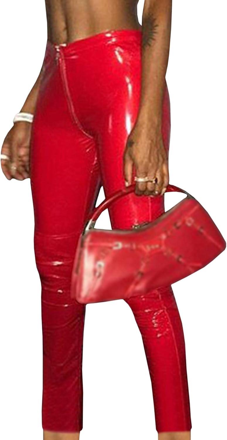imageSEMATOMALA Womens Latex Zipper Crotch Leggings Sexy PVC Faux Leather Shiny Wet Look Black Red Tight Lingerie PantsRed