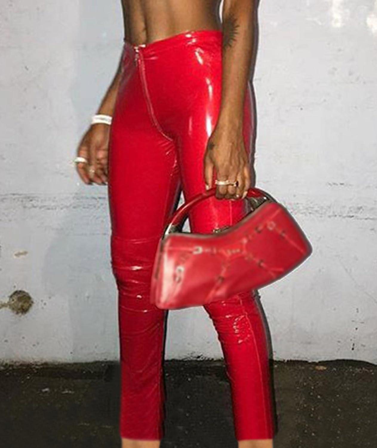 imageSEMATOMALA Womens Latex Zipper Crotch Leggings Sexy PVC Faux Leather Shiny Wet Look Black Red Tight Lingerie PantsRed
