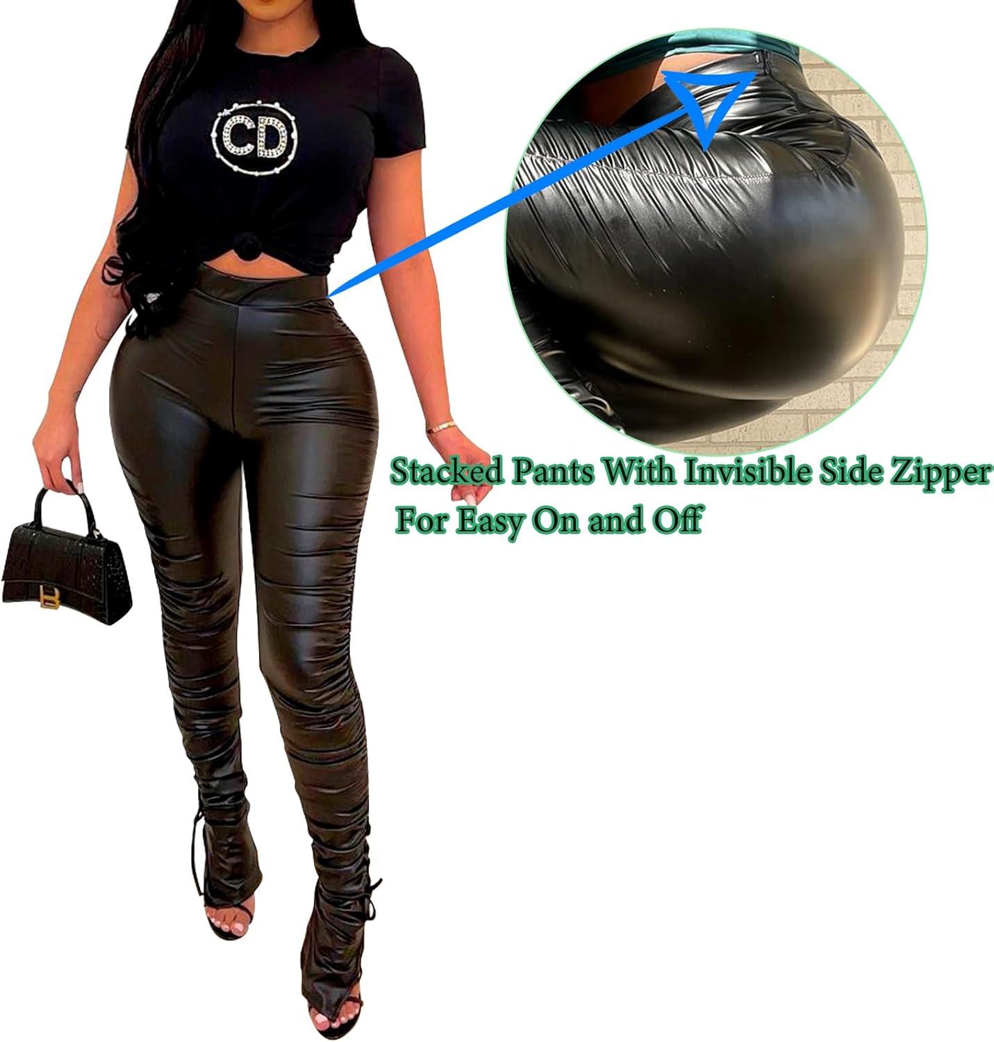 imageSexy Women Faux Leather Leggings High Waisted Pleated Leather Tights Splits Hem Stacked PantsPleated Black