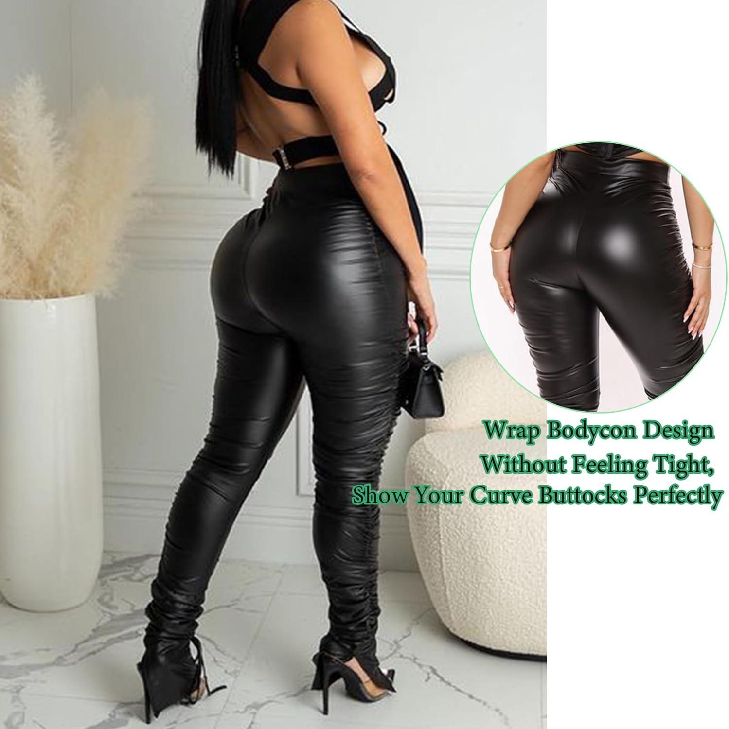 imageSexy Women Faux Leather Leggings High Waisted Pleated Leather Tights Splits Hem Stacked PantsPleated Black