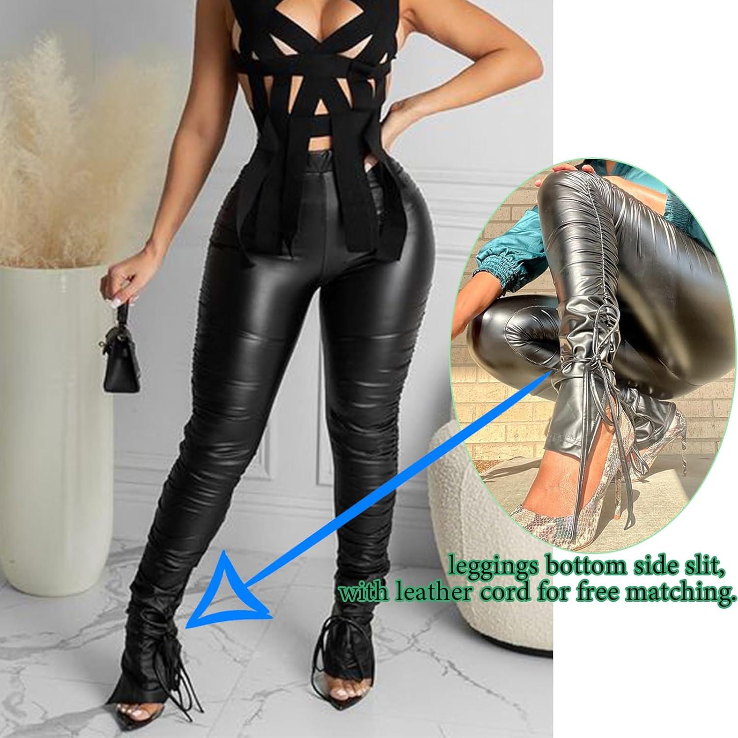 imageSexy Women Faux Leather Leggings High Waisted Pleated Leather Tights Splits Hem Stacked PantsPleated Black
