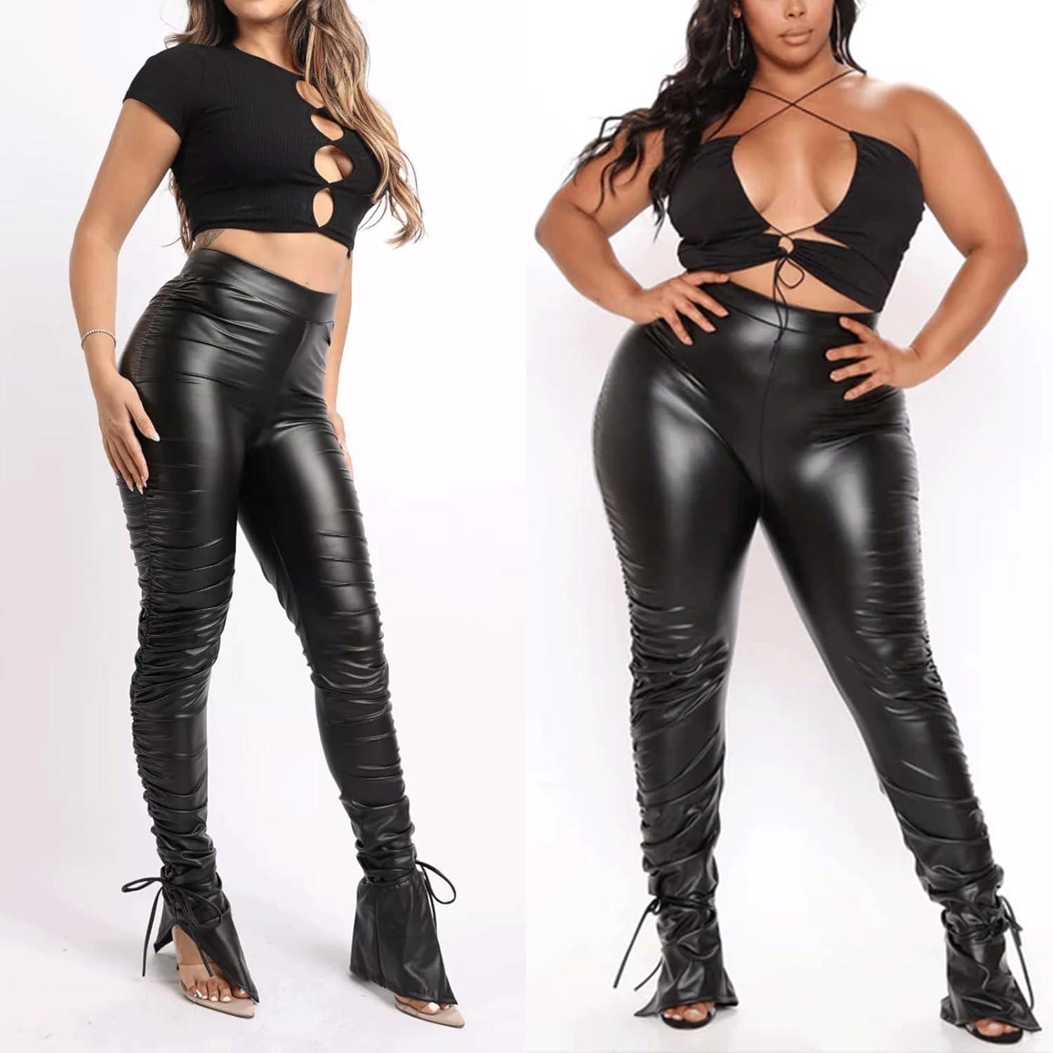 imageSexy Women Faux Leather Leggings High Waisted Pleated Leather Tights Splits Hem Stacked PantsPleated Black