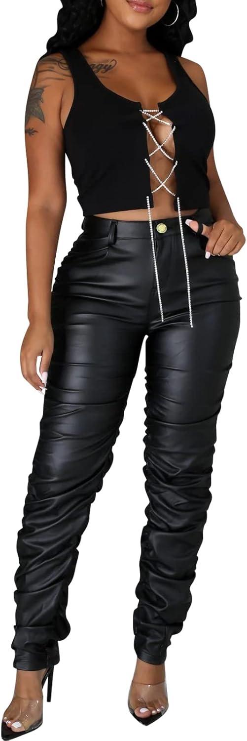 imageSexy Women Faux Leather Leggings High Waisted Pleated Leather Tights Splits Hem Stacked PantsStacked Black