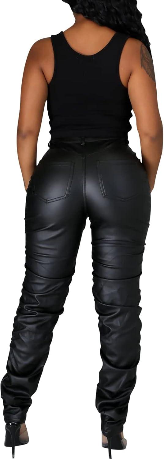 imageSexy Women Faux Leather Leggings High Waisted Pleated Leather Tights Splits Hem Stacked PantsStacked Black