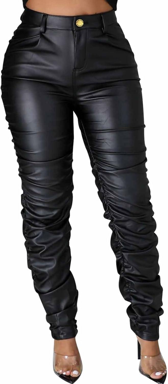 imageSexy Women Faux Leather Leggings High Waisted Pleated Leather Tights Splits Hem Stacked PantsStacked Black