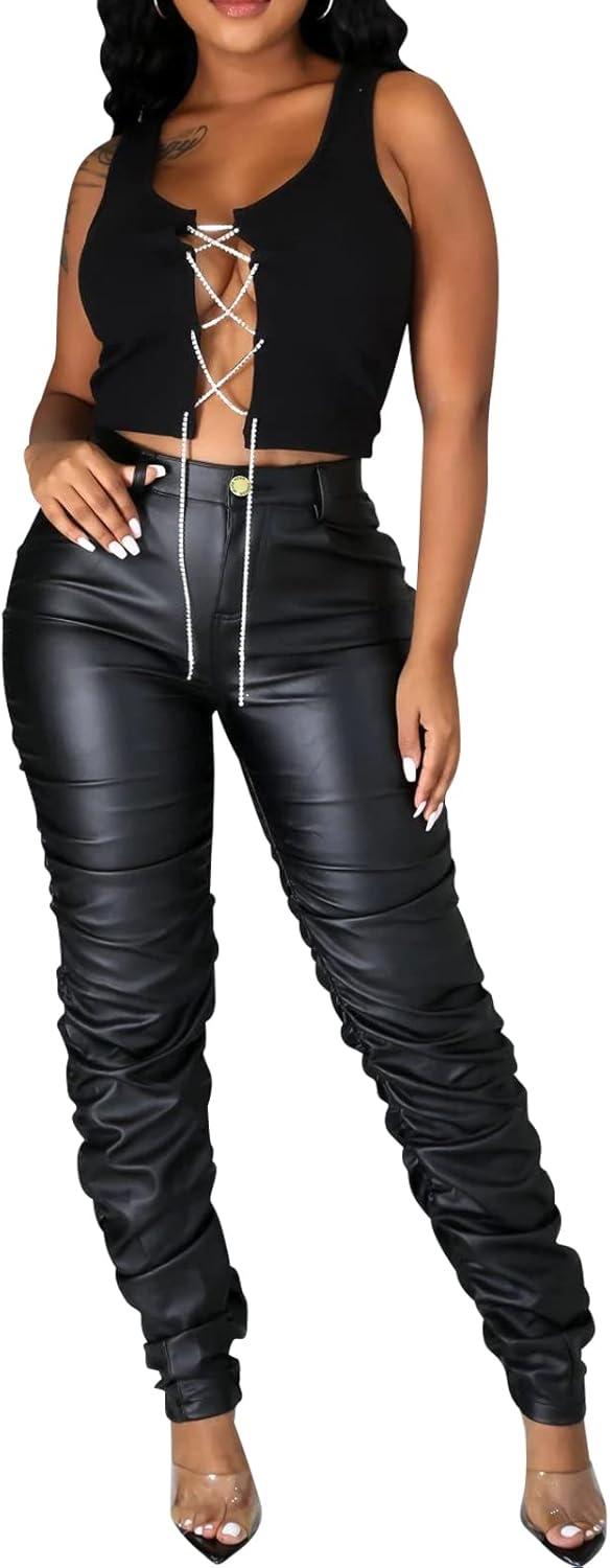 imageSexy Women Faux Leather Leggings High Waisted Pleated Leather Tights Splits Hem Stacked PantsStacked Black