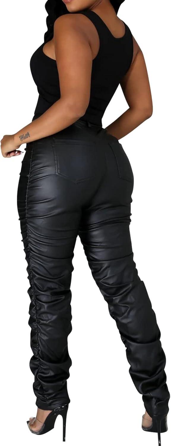 imageSexy Women Faux Leather Leggings High Waisted Pleated Leather Tights Splits Hem Stacked PantsStacked Black