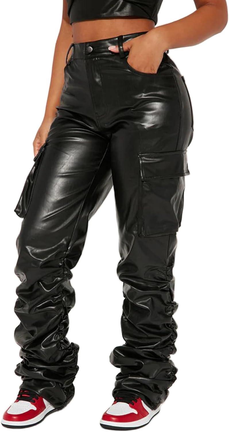 imageSexy Women Faux Leather Leggings High Waisted Pleated Leather Tights Splits Hem Stacked PantsWide Black