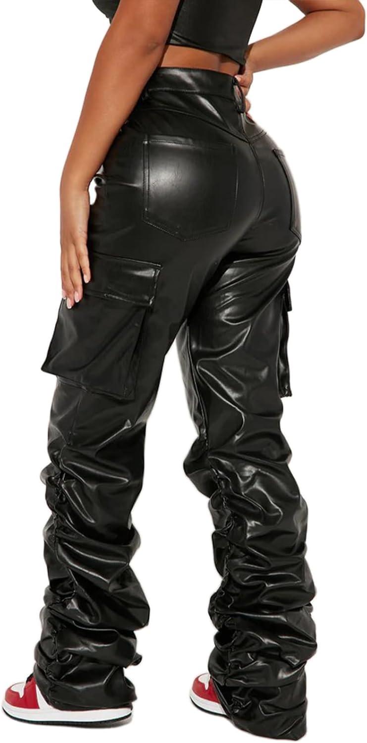 imageSexy Women Faux Leather Leggings High Waisted Pleated Leather Tights Splits Hem Stacked PantsWide Black