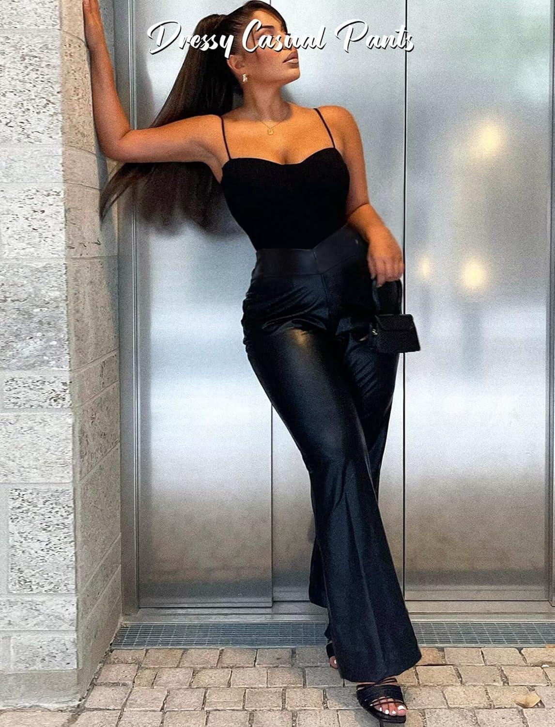 imageTZLDN Faux Leather Pants for Women Flare High Waisted Bell Bottom Leggings Pleather Pants PU Sexy Bootcut Long PantsBlack