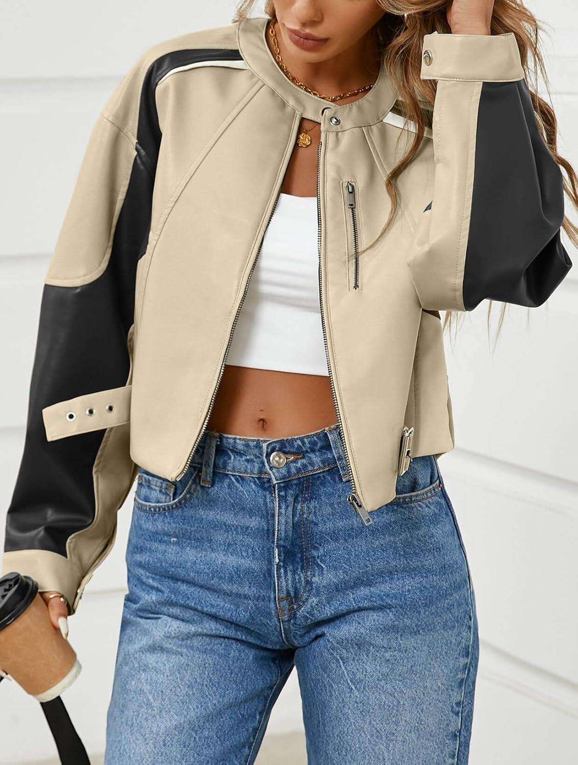 imageTankaneo Womens Faux Leather Bomber Jackets Cropped Zip Up Color Block Fall Casual Moto Biker CoatsBeige