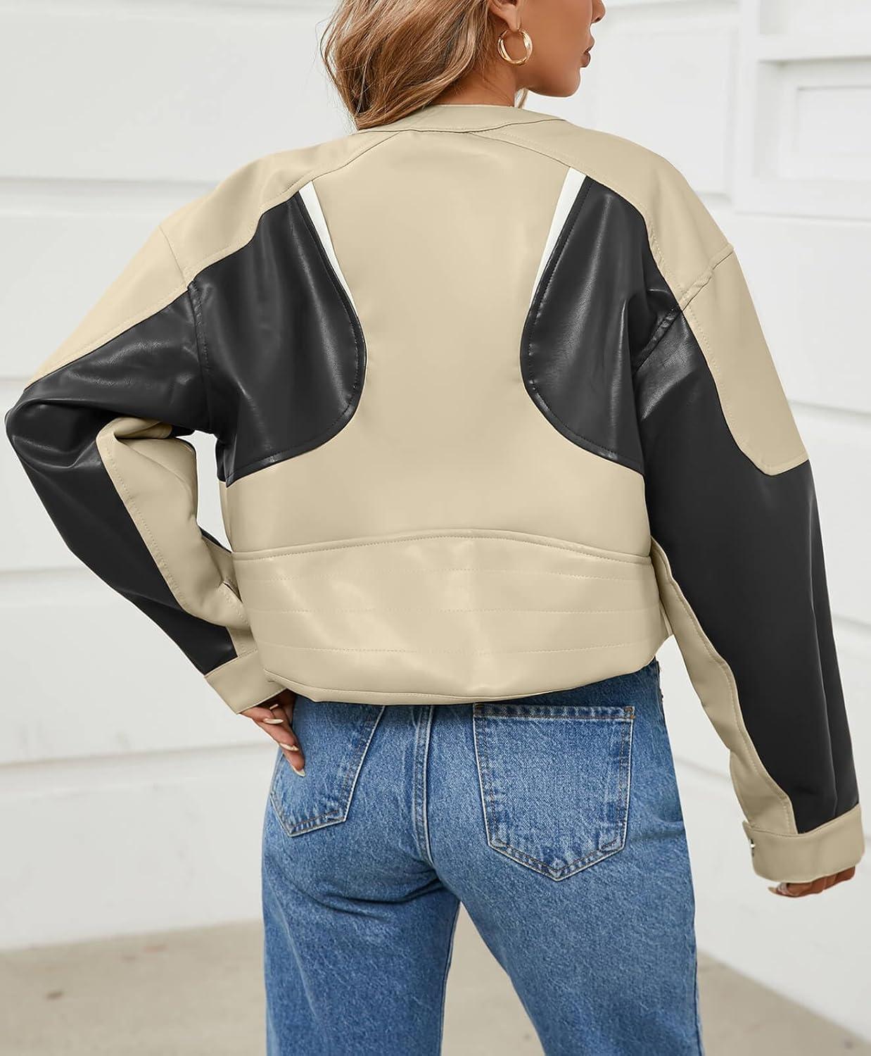 imageTankaneo Womens Faux Leather Bomber Jackets Cropped Zip Up Color Block Fall Casual Moto Biker CoatsBeige