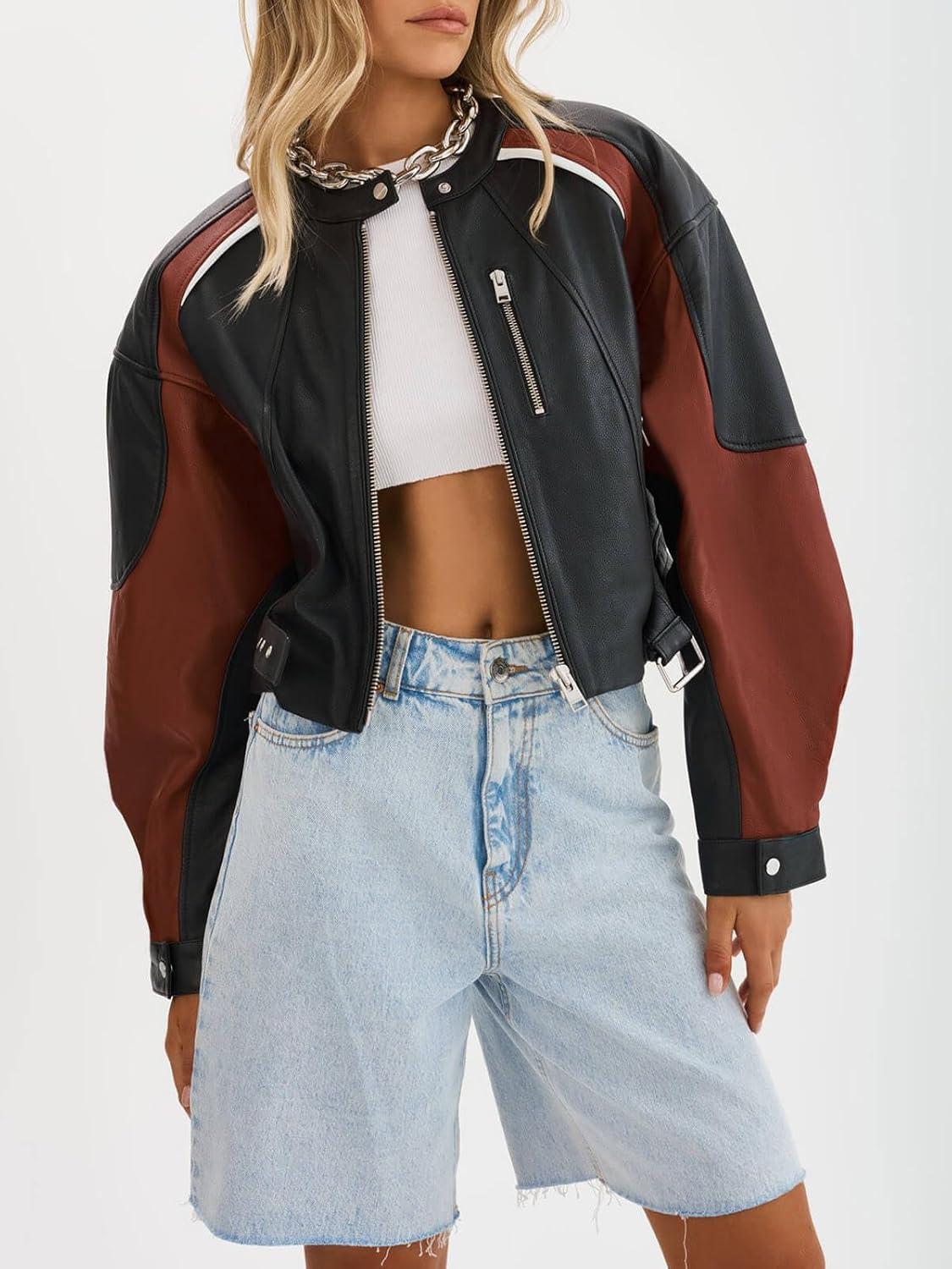 imageTankaneo Womens Faux Leather Bomber Jackets Cropped Zip Up Color Block Fall Casual Moto Biker CoatsBlack