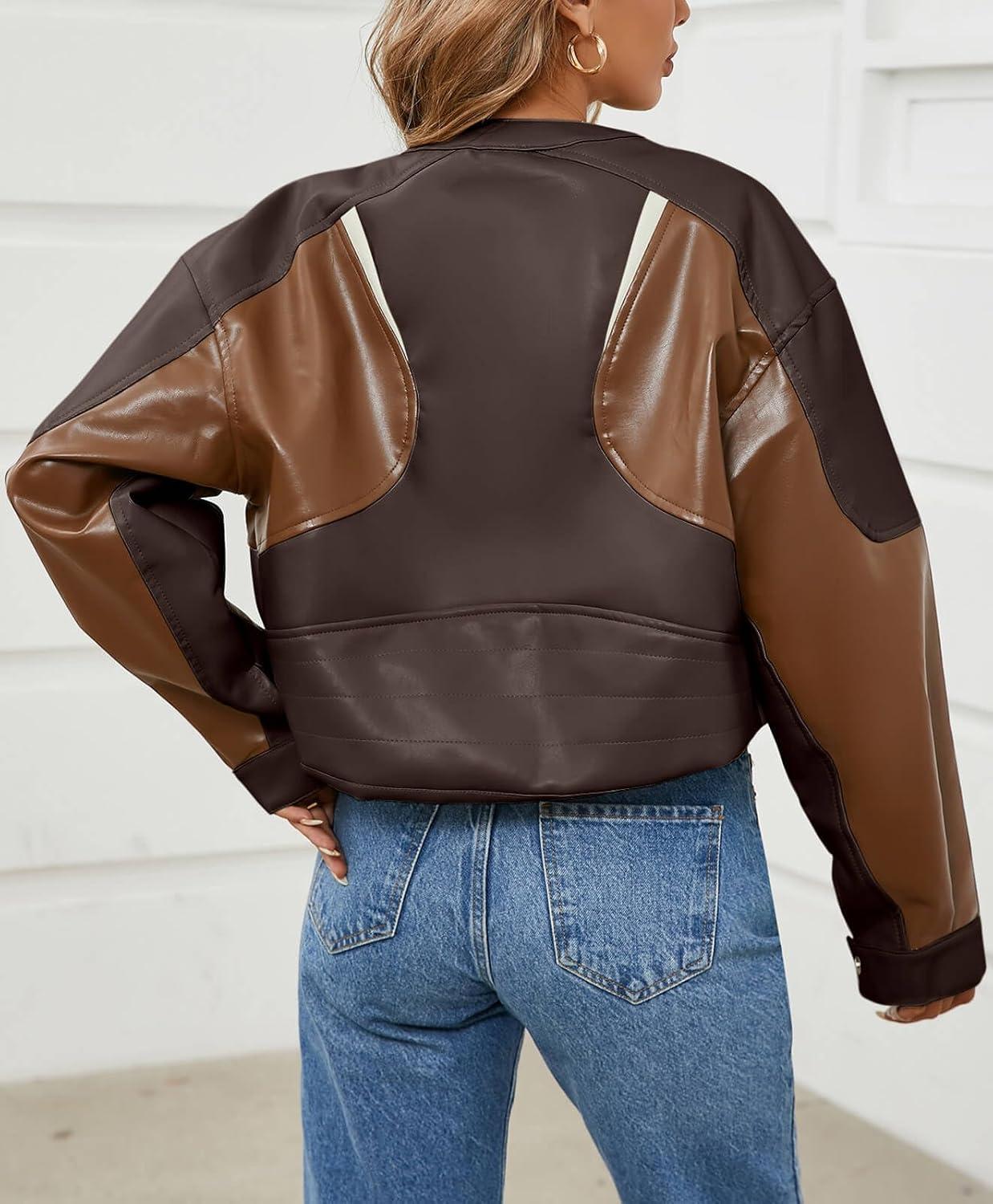 imageTankaneo Womens Faux Leather Bomber Jackets Cropped Zip Up Color Block Fall Casual Moto Biker CoatsBrown