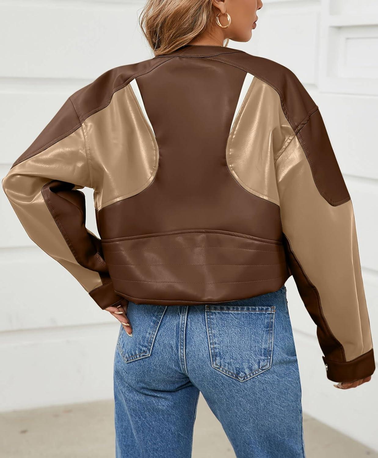 imageTankaneo Womens Faux Leather Bomber Jackets Cropped Zip Up Color Block Fall Casual Moto Biker CoatsDark Brown