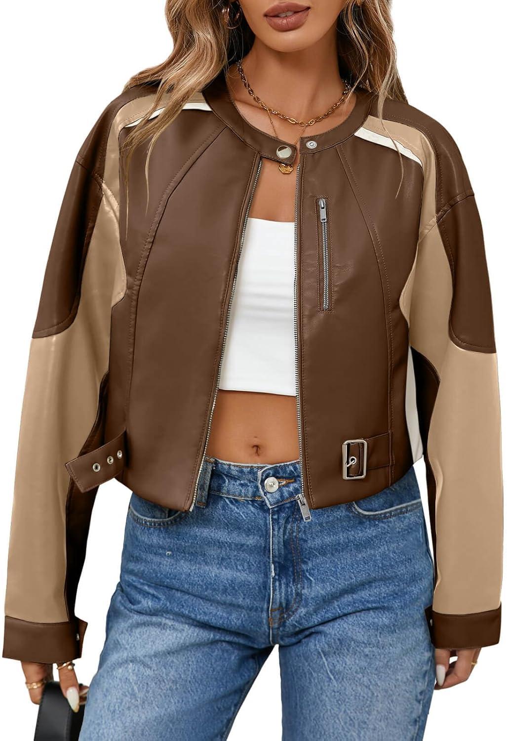 imageTankaneo Womens Faux Leather Bomber Jackets Cropped Zip Up Color Block Fall Casual Moto Biker CoatsDark Brown