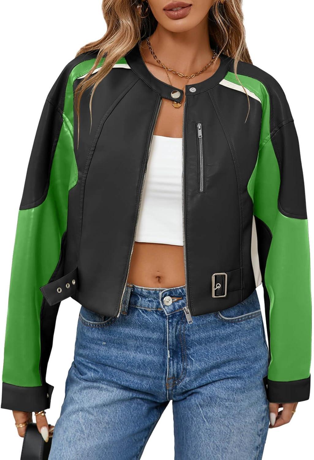 imageTankaneo Womens Faux Leather Bomber Jackets Cropped Zip Up Color Block Fall Casual Moto Biker CoatsGreen