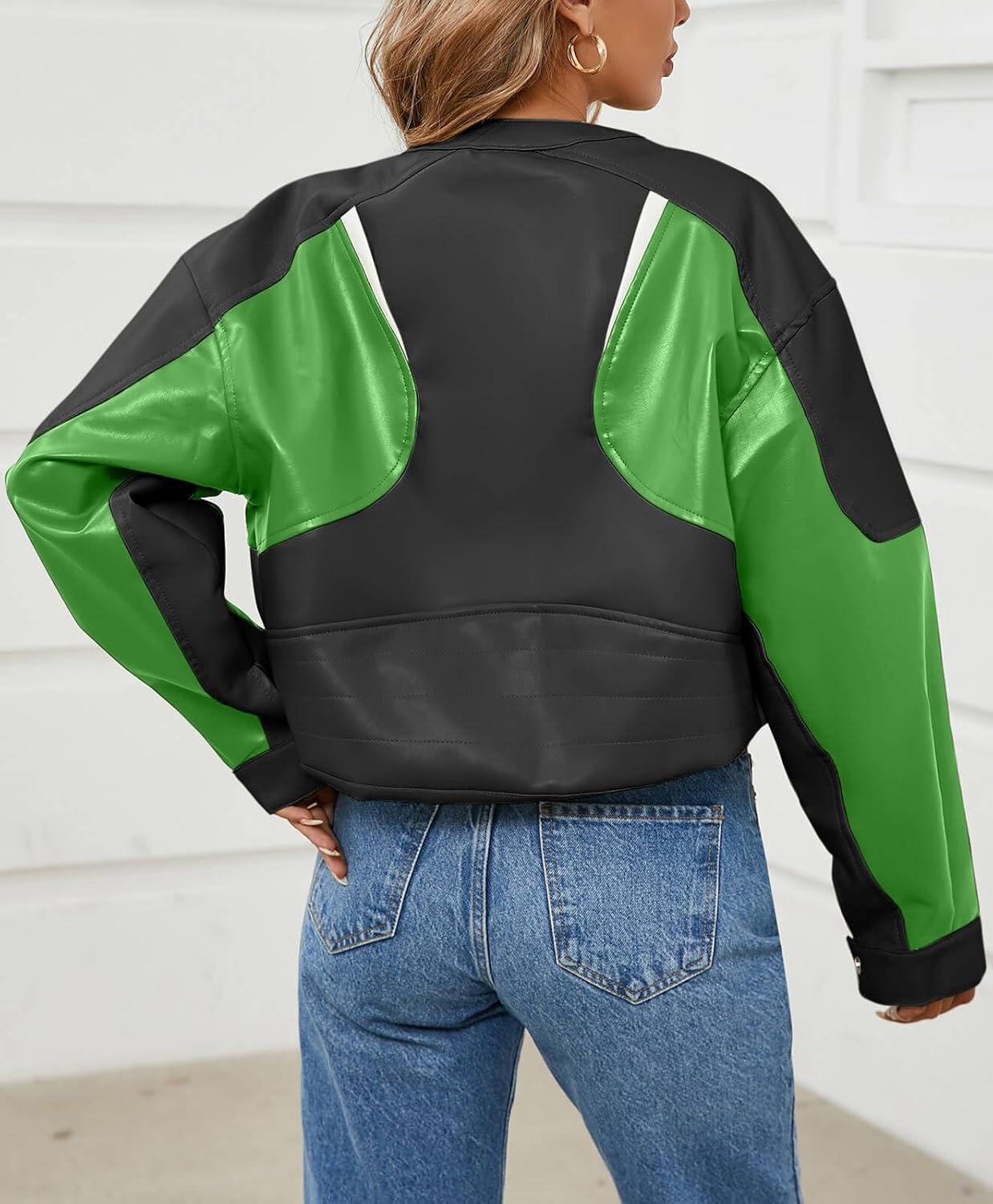 imageTankaneo Womens Faux Leather Bomber Jackets Cropped Zip Up Color Block Fall Casual Moto Biker CoatsGreen